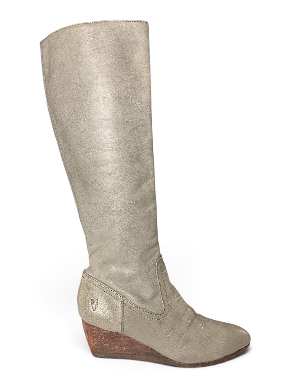 Frye Missy Tall Gray Distressed Leather Wedge Knee High Boots Size 6